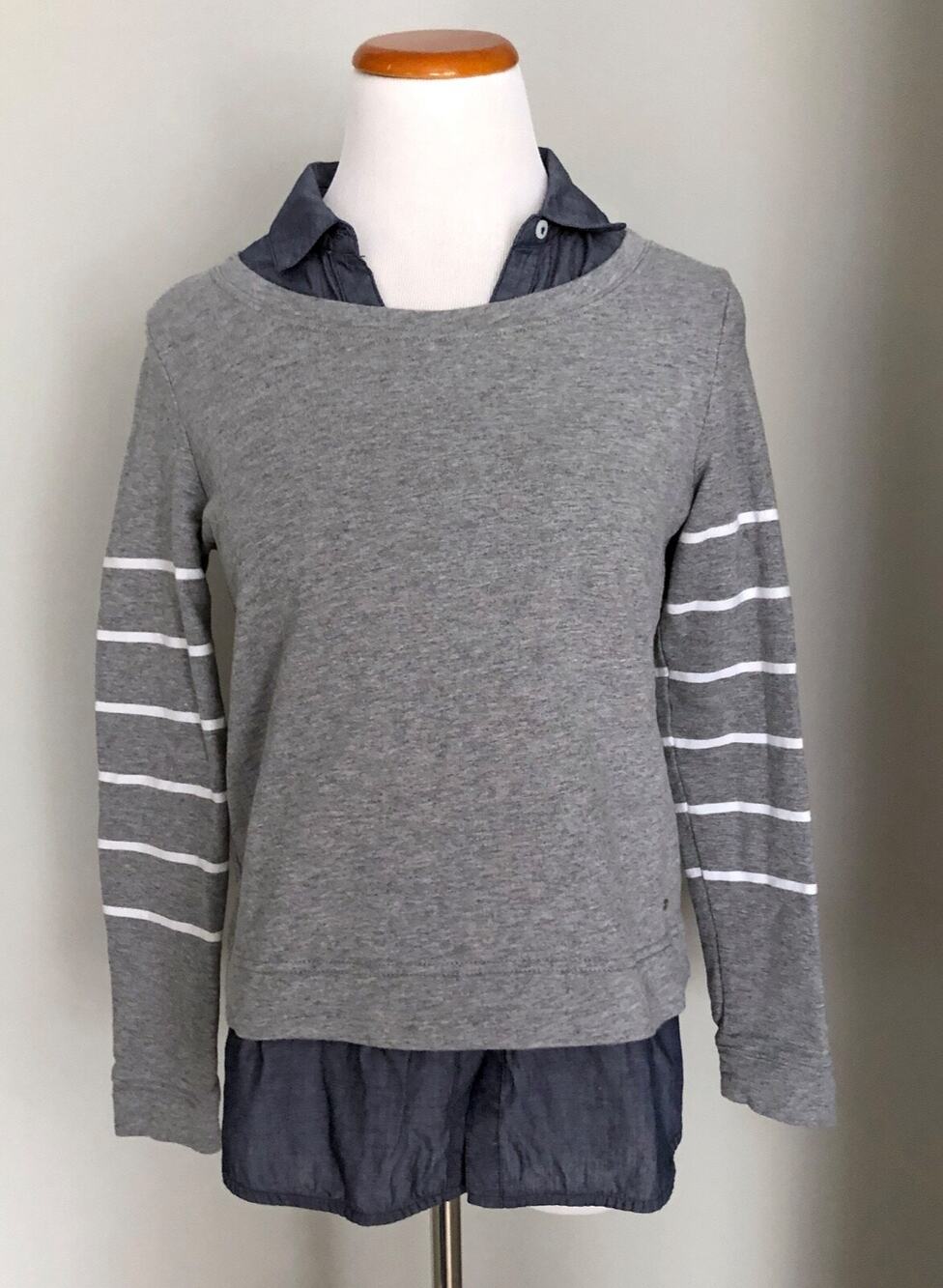 Tommy Hilfiger Faux Layered Gray Sweatshirt w/ Chambray Collar & Shirttail, SM